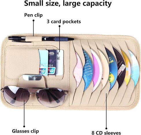 حامل علبة CD للسيارة متعددة الوظائف أسود لأشعة Sun Visor Organizer CAR CD CD ، 8 أكمام تخزين CD/DVD ، 3 حامل بطاقة مصرفي ، حامل نظارة شمسية واحدة ، حامل قلم واحد in Kuwait