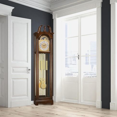 Ridgeway Harper Floor Clock, Large Lyre Pendulum Grandfather Brown Clocks with Bellaire Wood Finishing for Home Decor, Office & Living Room Single-Chime Quartz Movement Swan Neck Pediment in Saudi Arabia