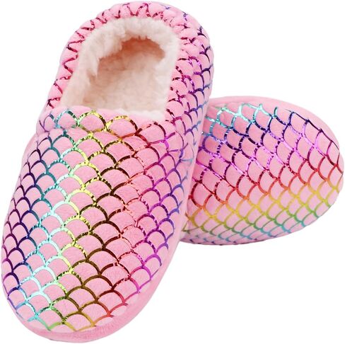 Mejormen Girls Mermaid House Slippers Plush Plush Anti-Skid Indoor Outdoor House Shoes Glitter Bedroom Slippers for Toddler Kid in Kuwait