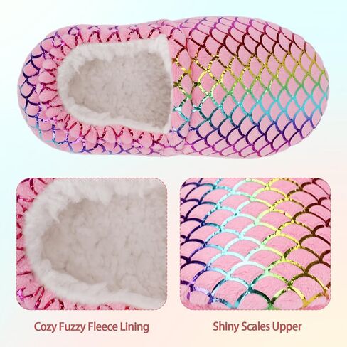 Mejormen Girls Mermaid House Slippers Plush Plush Anti-Skid Indoor Outdoor House Shoes Glitter Bedroom Slippers for Toddler Kid in Kuwait