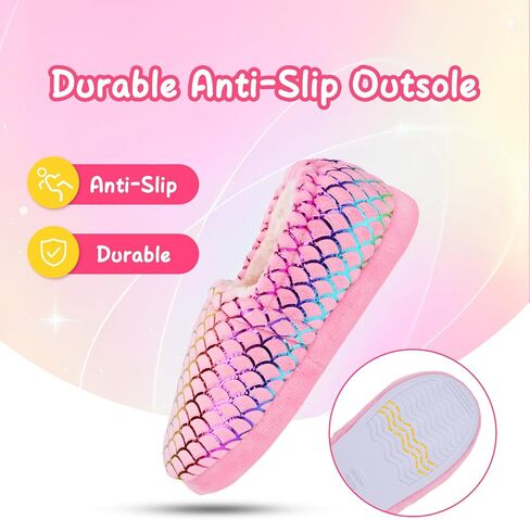 Mejormen Girls Mermaid House Slippers Plush Plush Anti-Skid Indoor Outdoor House Shoes Glitter Bedroom Slippers for Toddler Kid in Kuwait