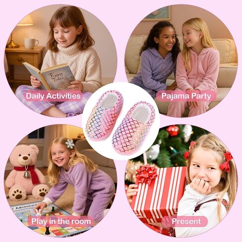 Mejormen Girls Mermaid House Slippers Plush Plush Anti-Skid Indoor Outdoor House Shoes Glitter Bedroom Slippers for Toddler Kid in Kuwait