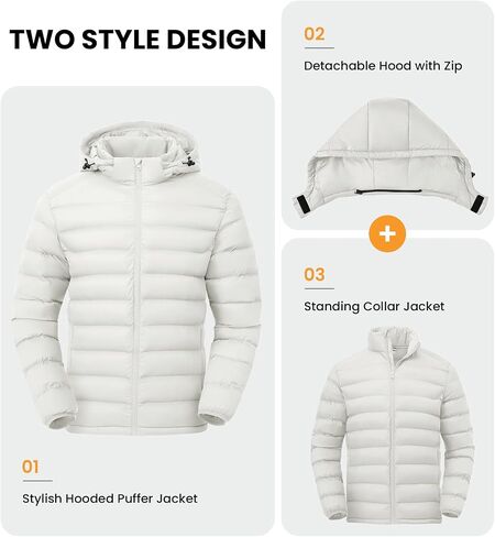 BGOWATU Men's Lightweight Water-Resistant Hooded Puffer Jacket Insulated Winter Coat with Detachable Hood for Snow Ski in Saudi Arabia