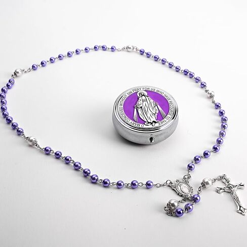 Catholic Pearl Cross Rosary Necklace — Ideal for Baptism, Prayer, Devotion — 6mm Glass Beads & 8mm Our Father Beads w/Caps, Miraculous Jewelry Box – Perfect Religious Gift for Women, Men in Saudi Arabia