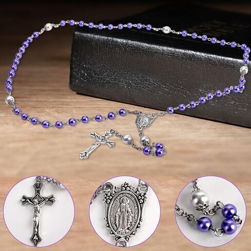 Catholic Pearl Cross Rosary Necklace — Ideal for Baptism, Prayer, Devotion — 6mm Glass Beads & 8mm Our Father Beads w/Caps, Miraculous Jewelry Box – Perfect Religious Gift for Women, Men in Saudi Arabia