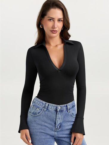 PINKMSTYLE Women Sexy V Neck Long Sleeve Bodysuit Slim Fit Ruched Going Out Y2K Top Flared Sleeve Collared Shirts Fall Outfit in Saudi Arabia