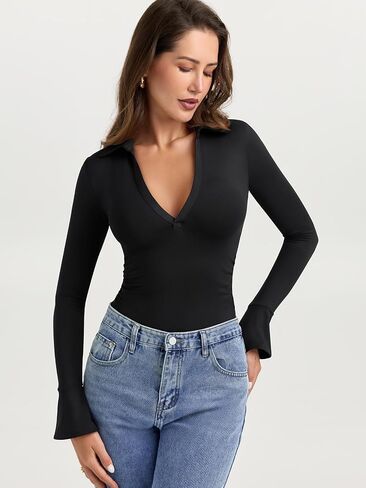 PINKMSTYLE Women Sexy V Neck Long Sleeve Bodysuit Slim Fit Ruched Going Out Y2K Top Flared Sleeve Collared Shirts Fall Outfit in Saudi Arabia