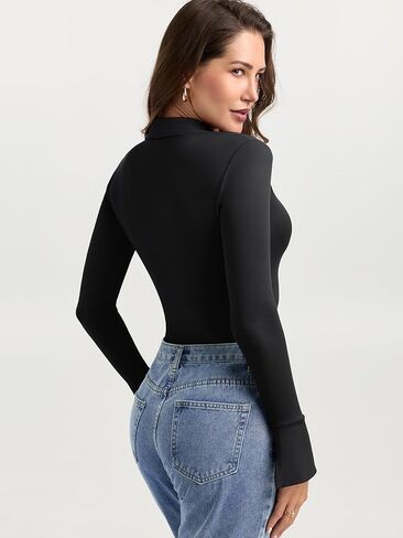 PINKMSTYLE Women Sexy V Neck Long Sleeve Bodysuit Slim Fit Ruched Going Out Y2K Top Flared Sleeve Collared Shirts Fall Outfit in Saudi Arabia