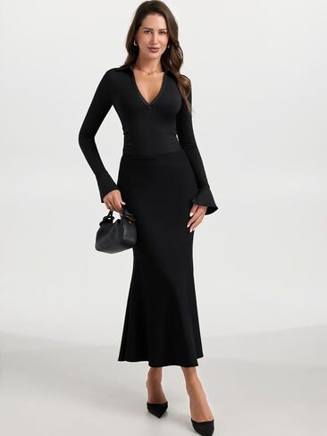 PINKMSTYLE Women Sexy V Neck Long Sleeve Bodysuit Slim Fit Ruched Going Out Y2K Top Flared Sleeve Collared Shirts Fall Outfit in Saudi Arabia