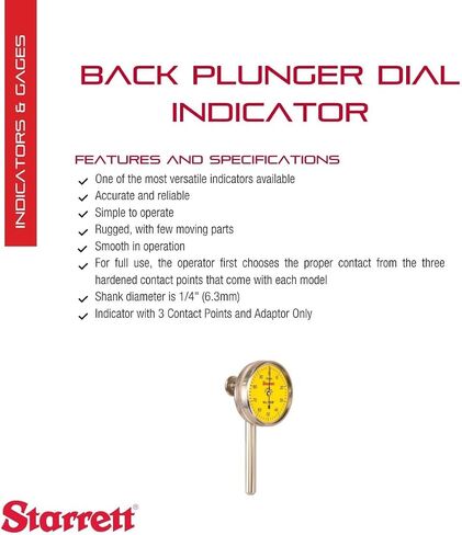 Starrett Universal Dial Test Indicator Set with Back Plunger for Full Use - White Face, 0-100 Reading, 0-0.2" Range, 0.001" Graduation, 1/4" Shank Diameter for Mounting - 196A1Z in Saudi Arabia
