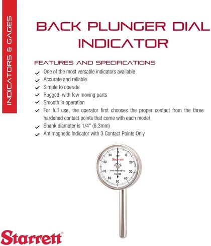 Starrett Universal Dial Test Indicator Set with Back Plunger for Full Use - White Face, 0-100 Reading, 0-0.2" Range, 0.001" Graduation, 1/4" Shank Diameter for Mounting - 196A1Z in Saudi Arabia