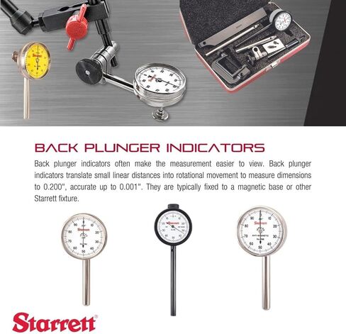 Starrett Universal Dial Test Indicator Set with Back Plunger for Full Use - White Face, 0-100 Reading, 0-0.2" Range, 0.001" Graduation, 1/4" Shank Diameter for Mounting - 196A1Z in Saudi Arabia