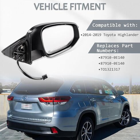 الطاقة الجانبية اليمنى من المنظر الجانبي المدفأة مرآة مرآة متوافق مع تويوتا هايلاندر 2014-2019 يحل محل 87910-0E140 إلى 1321317 (6pins) in Kuwait