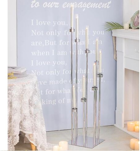 Floor Candelabra Tall 8 Arm Candle Holders for Wedding Centerpiece, 45.3" Metal Candlestick for Taper Candles for Wedding Party Ceremony Aisle Reception (Silver) in Kuwait