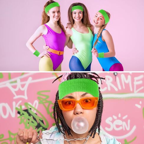 3 Pcs 80s Sports Wristband and Headband Neon Sweatbands Set Neon Outfits for Women Costumes Accessories Sweat Band for Party Football Basketball Baseball Soccer in Saudi Arabia