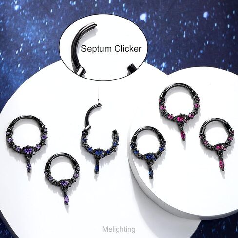 Melighting Black Septum Ring 16G, Planet Septum Jewelry Surgical Steel 316L, Dangle Daith Piercing Jewelry Clear CZ, Helix Earring Conch Tragus Piercing for Women in Saudi Arabia