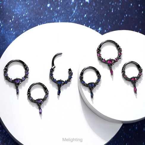 Melighting Black Septum Ring 16G, Planet Septum Jewelry Surgical Steel 316L, Dangle Daith Piercing Jewelry Clear CZ, Helix Earring Conch Tragus Piercing for Women in Saudi Arabia