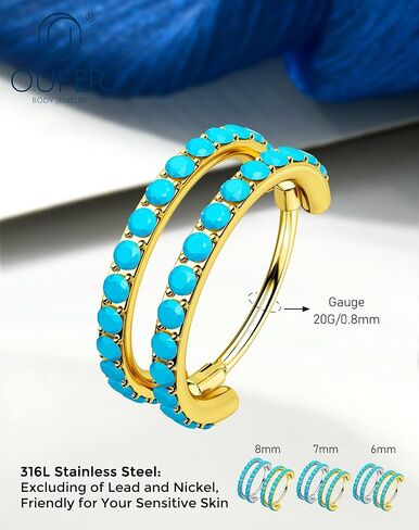 OUFER 20G Double Nose Rings Hoops, Turquoise Nose Rings for Women Men, Daith Earrings, Tragus Rook Conch Helix Lip Piercing Jewelry,316L Surgical Steel Hinged Segment Septum Hoop Jewelry 6/7/8mm in Saudi Arabia