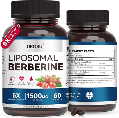 Berberine HCL Supplement 1500mg - with Ceylon Cinnamon & Gymnema, High Bioavailability Liposomal Berberine Capsules for Women and Men, AMPK Activator in Saudi Arabia
