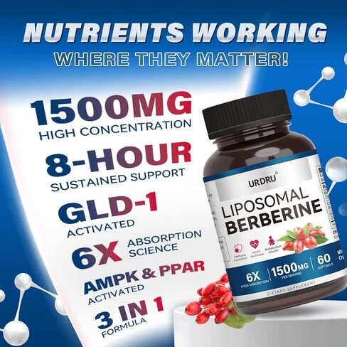 Berberine HCL Supplement 1500mg - with Ceylon Cinnamon & Gymnema, High Bioavailability Liposomal Berberine Capsules for Women and Men, AMPK Activator in Saudi Arabia