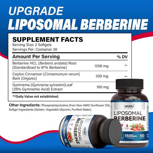 Berberine HCL Supplement 1500mg - with Ceylon Cinnamon & Gymnema, High Bioavailability Liposomal Berberine Capsules for Women and Men, AMPK Activator in Saudi Arabia