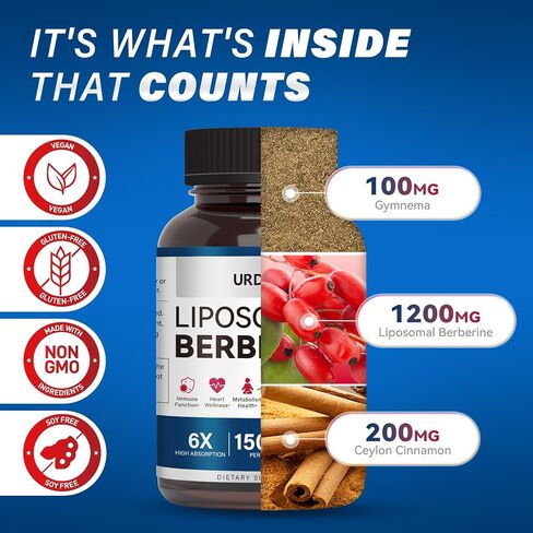 Berberine HCL Supplement 1500mg - with Ceylon Cinnamon & Gymnema, High Bioavailability Liposomal Berberine Capsules for Women and Men, AMPK Activator in Saudi Arabia