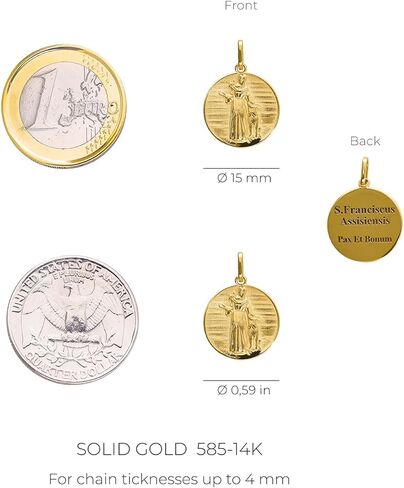 forme di Lucchetta - 14k Solid Gold Saint Francis of Assisi Medal - 'Pax Et Bonum' - Authentic Italian Made Religious Jewelry for Men & Women, 15mm, Pendant Only in Saudi Arabia