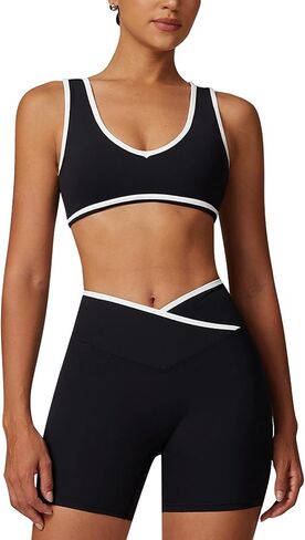 ABOCIW Workout Sets for Women Color Block Sports Bra Crossover Waist Shorts 2 Piece Gym Yoga Pilates Outfits in Saudi Arabia