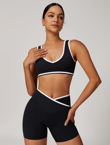 ABOCIW Workout Sets for Women Color Block Sports Bra Crossover Waist Shorts 2 Piece Gym Yoga Pilates Outfits in Saudi Arabia