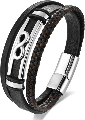 Men's Infinity Symbol Leather Bracelet, Black Braided Multi-Strand Leather Bracelet, Silver-Tone Infinity Sign, Forever Eternal Endless Love and Friendship, Classic and Elegant Style in Saudi Arabia