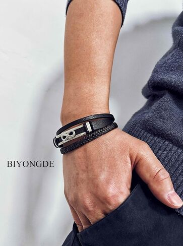 Men's Infinity Symbol Leather Bracelet, Black Braided Multi-Strand Leather Bracelet, Silver-Tone Infinity Sign, Forever Eternal Endless Love and Friendship, Classic and Elegant Style in Saudi Arabia