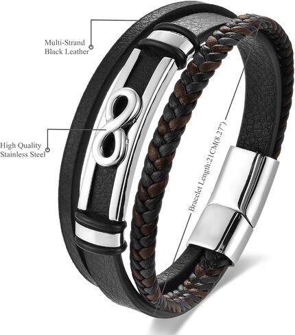 Men's Infinity Symbol Leather Bracelet, Black Braided Multi-Strand Leather Bracelet, Silver-Tone Infinity Sign, Forever Eternal Endless Love and Friendship, Classic and Elegant Style in Saudi Arabia
