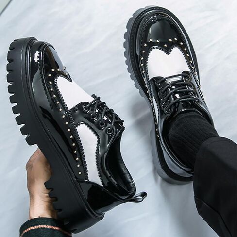 Men's Patent Leather Platform Dress Shoes Classic Round Toe Thick Lug Sole Lace Up Oxfords Comfort Block Heel Derby Business Casual Shoes in Saudi Arabia