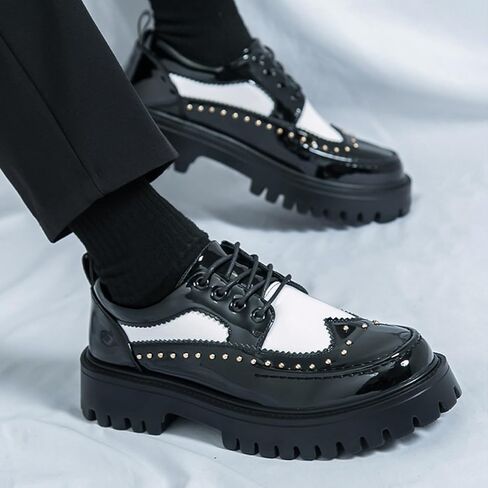 Men's Patent Leather Platform Dress Shoes Classic Round Toe Thick Lug Sole Lace Up Oxfords Comfort Block Heel Derby Business Casual Shoes in Saudi Arabia
