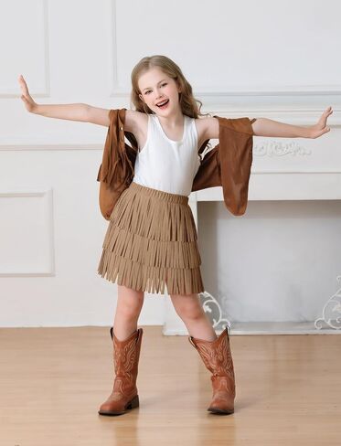 Happy Cherry Girls Suede Fringe Skirt Boho Tassel Layered Ruffle High Waisted Tassel Mini Cowgirl Skirt 5-12 Years in Saudi Arabia