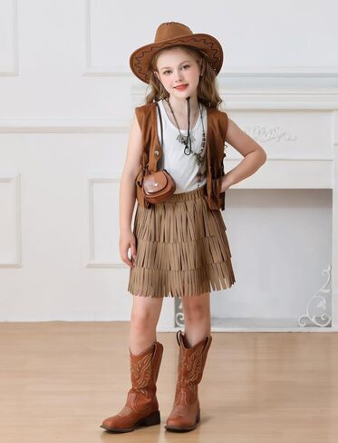 Happy Cherry Girls Suede Fringe Skirt Boho Tassel Layered Ruffle High Waisted Tassel Mini Cowgirl Skirt 5-12 Years in Saudi Arabia