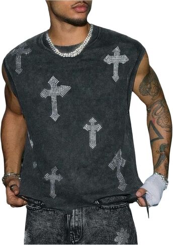 Men's Cross Rhinestone Tank Top Vintage Crewneck Sleeveless Summer Muscle Shirts Streetwear in Saudi Arabia