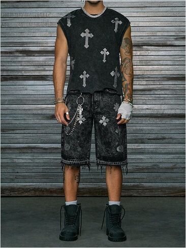 Men's Cross Rhinestone Tank Top Vintage Crewneck Sleeveless Summer Muscle Shirts Streetwear in Saudi Arabia
