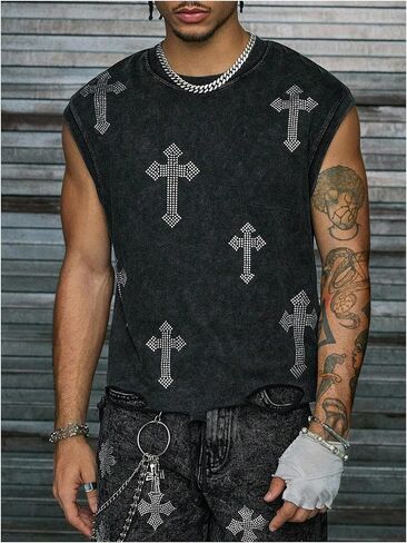 Men's Cross Rhinestone Tank Top Vintage Crewneck Sleeveless Summer Muscle Shirts Streetwear in Saudi Arabia