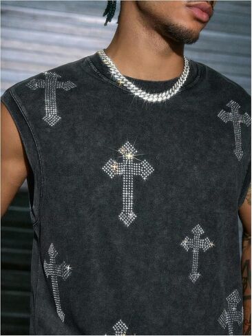 Men's Cross Rhinestone Tank Top Vintage Crewneck Sleeveless Summer Muscle Shirts Streetwear in Saudi Arabia