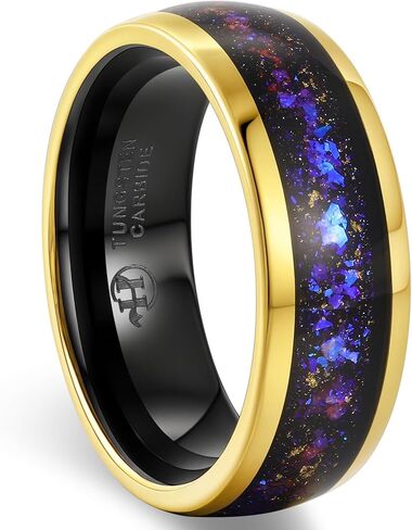 Men's Tungsten Carbide Ring with Blue & Purple Opal Inlay - 8mm Smooth Wedding Band, Gold Accent Comortable Fit in Saudi Arabia