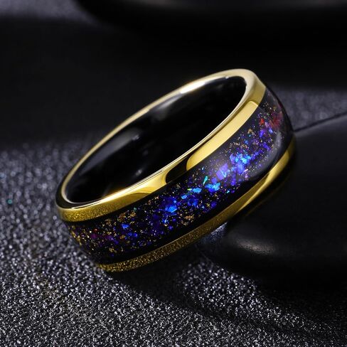 Men's Tungsten Carbide Ring with Blue & Purple Opal Inlay - 8mm Smooth Wedding Band, Gold Accent Comortable Fit in Saudi Arabia