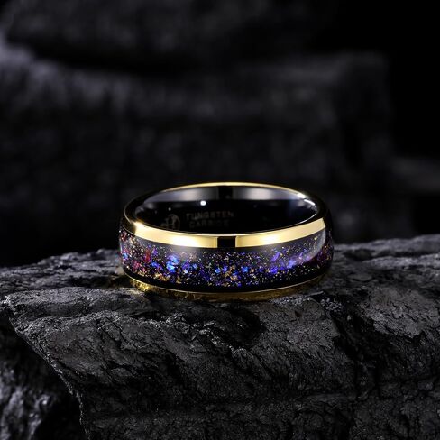 Men's Tungsten Carbide Ring with Blue & Purple Opal Inlay - 8mm Smooth Wedding Band, Gold Accent Comortable Fit in Saudi Arabia