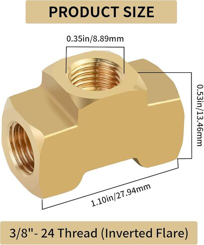 Mupera Upgraded 3/16 Brake Line Fitting - 2 PCS Universal Brass 3-Way Female Brake Line Tee For Inverted Flare Fittings, Brass Tee Fitting, All 3/8"-24 threads Ports in Saudi Arabia