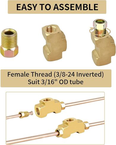 Mupera Upgraded 3/16 Brake Line Fitting - 2 PCS Universal Brass 3-Way Female Brake Line Tee For Inverted Flare Fittings, Brass Tee Fitting, All 3/8"-24 threads Ports in Saudi Arabia