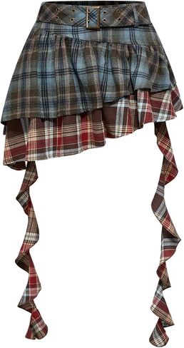 Verdusa Women's Grunge Colorblock Plaid Ruffle Skirt Y2K Tiered Layered Belted Skirt with Strap in Saudi Arabia