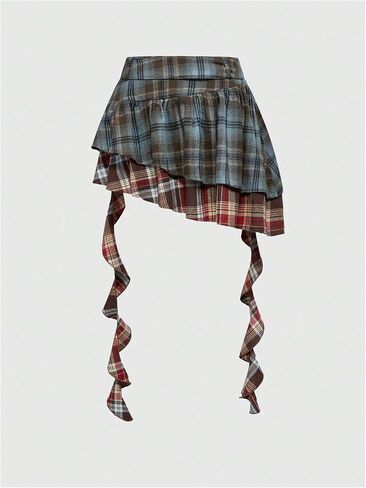 Verdusa Women's Grunge Colorblock Plaid Ruffle Skirt Y2K Tiered Layered Belted Skirt with Strap in Saudi Arabia