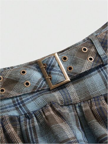 Verdusa Women's Grunge Colorblock Plaid Ruffle Skirt Y2K Tiered Layered Belted Skirt with Strap in Saudi Arabia