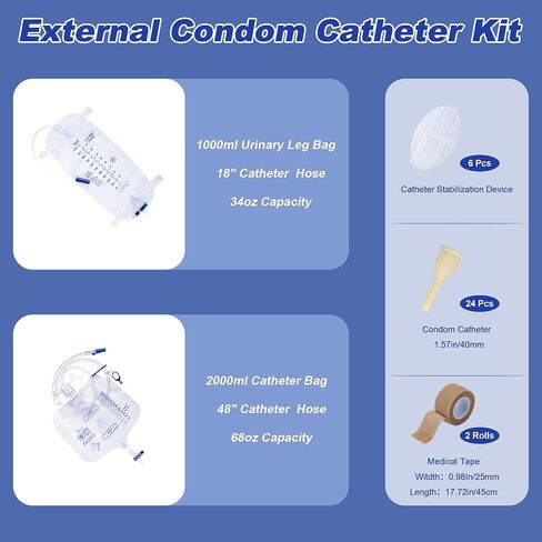 External Condom Catheter for Men Kit, 24 Soft Latex, 6 Catheter Stabilization Devices, 2 x 1000mL Urinary Leg Bags, 2 x 2000mL Overnight Catheter Bag, 2 Roll Tapes Set for Incontinence Men Use (30mm) in Kuwait