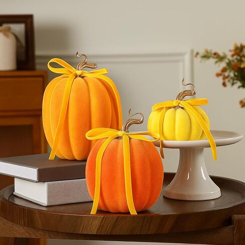 Wesiti 3 Pack Large Artificial Flocked Pumpkins, 7.9 Inch 6.7inch 3.9 Inch Fall Fake Foam Pumpkins for Autumn Home Decor Halloween Thanksgiving Table Centerpiece Decor(Brown) in Saudi Arabia